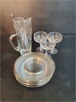 Silver Lined Glasses & Plates with Etched Pitcher