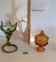 Opalescent Vase, candy dish, bird