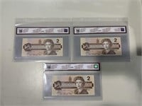 Lot of 3 Bank of Canada 1986 $2 BCS Graded #58