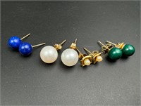 14k gold stud earrings, pearl,lapis, malachite