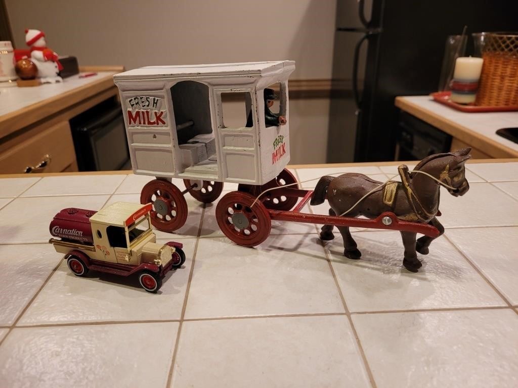 Cast Iron Horse Drawn Milk Cart and Matchbox Dairy