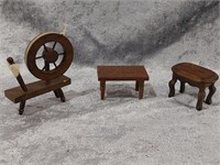 Doll coffee table, side table, and spinning wheel.