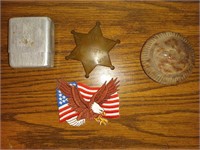 Old cigarette tin, US Marshal badge, Chevrolet
