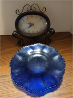Desk clock, cobalt blue glass plate