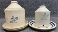 (2) stoneware poultry waterers with blue