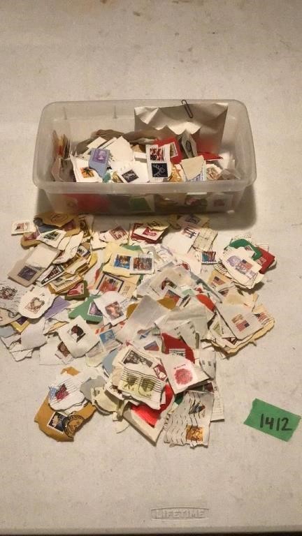 Box of used postage stamps.