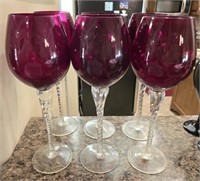 Set of 6 Cranberry Twisted Stemmed Wine Glasses