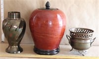 Chinese Ginger Jar, Brass Vase & Brass Planter