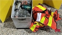 Box of Coffee Cups, Hard Hat, Safety Vests
