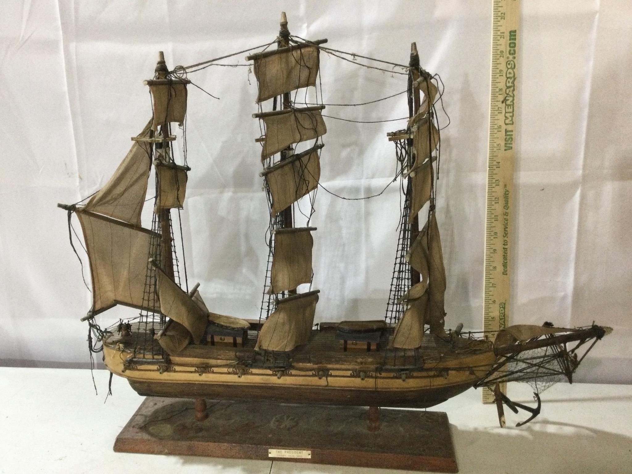 Wooden Ship Model, The President, 27”L x 22”T