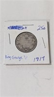 1917 Canada King George 25 Cent Silver Coin