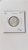 1961 Canada 25 Cent Silver Coin