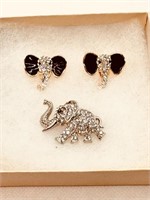 Estate Rhinestone Elephant Brooch & Earrings