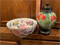 Oriental Ginger Jar Wood Stand w/Lid & Porcelain
