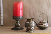 Vintage brass teapot, vase, & candle holder