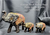 Vintage Black Mirror Elephant with Babies