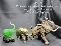Faux Jade Plastic, Brass, Porcelain Elephant