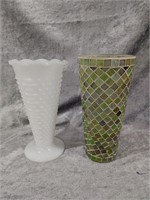 Hobnail Milk Glass Vase & Mirrored Vase 10"