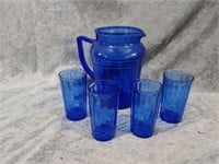 Vintage Hazel Atlas Cobalt Blue Pitcher & 4 Glass