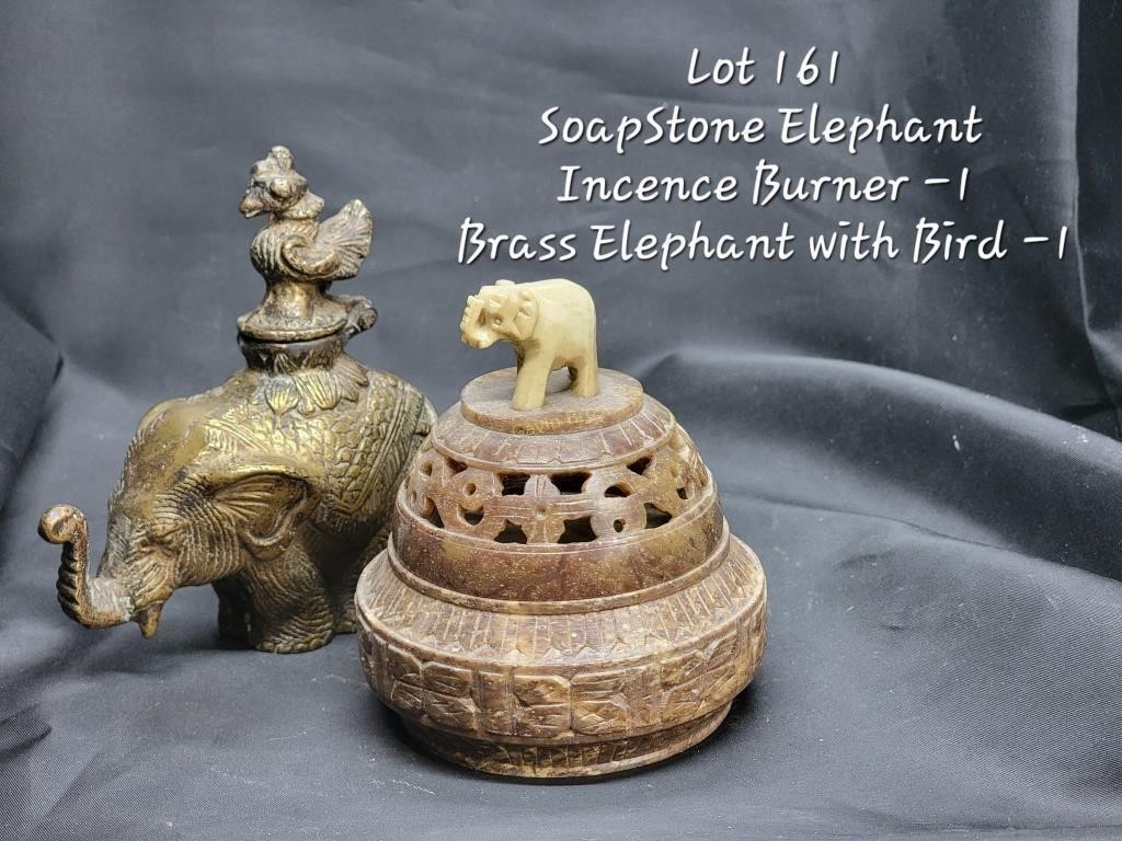 Soapstone Elephant, Burner, Brass with Bird