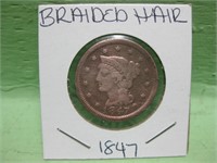 1847 Braided Hair Large Cent In Coin Flip