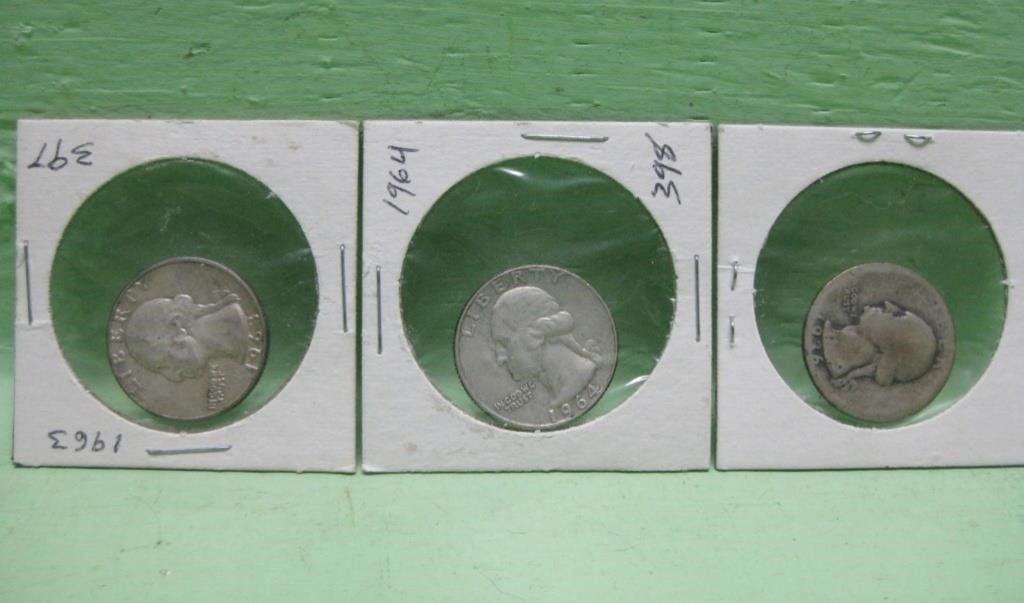 Three Washington Silver Quarters - 90% Silver