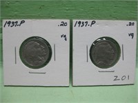 Two 1937-P Buffalo Nickels