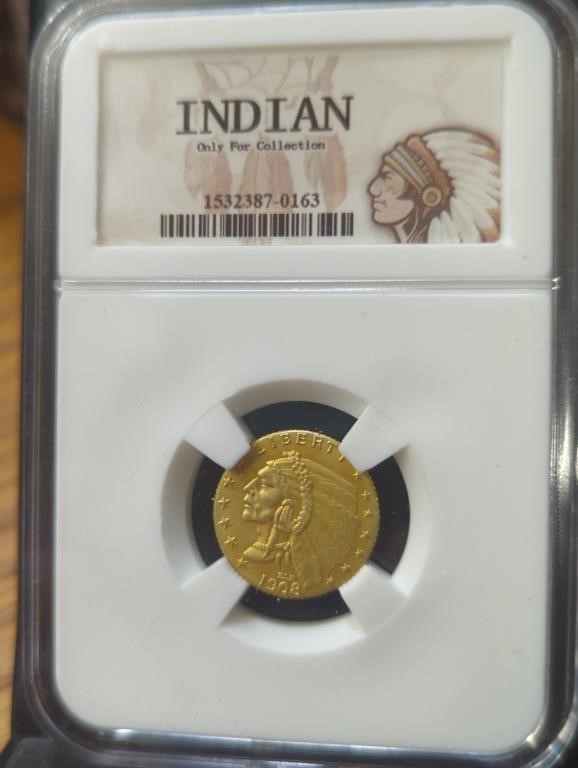 Slabbed 1908 Indian Head $2.50 gold tone token