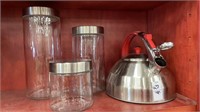 Glass canister set of 3 with lids & teapot - lot