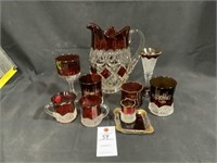Vintage EAPG Ruby Red Pitcher & Mics Glasses