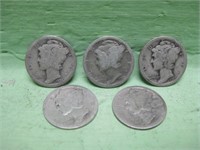 Five Mercury Head Silver Dimes - 90% Silver