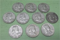 Ten Ben Franklin Silver Half Dollars - 90% Silver