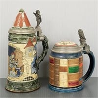 2 decorated signed Mettlach steins: one w/ figural
