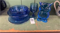 Vintage cobalt blue bowls and plate along small