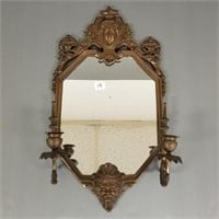 Antique ornate metal mirror w/ candleholder &