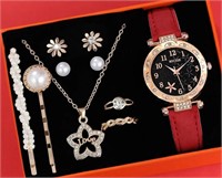 red 5pcs Women's Watch & Jewelry Set
