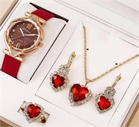 Red heart watch and jewelry set