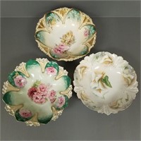 3 RS Prussia gold decorated floral bowls - 10 1/2"