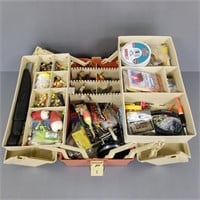 Fishing tackle box with tackle, filet knife, etc.