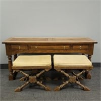 Oak console table with 2 "X" benches