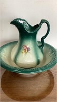 Pitcher and bowl, turquoise color with floral