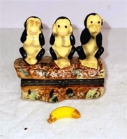 VTG Three Monkeys Porcelain Hinged Trinket Box