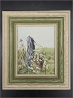 Framed Oil Fence Post w/ Bucket of Daisies
