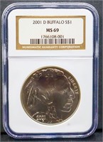 Graded 2001D $1 buffalo silver commerative coin