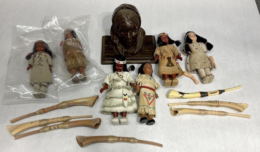 (6) Native American dolls, resin bust and turkey