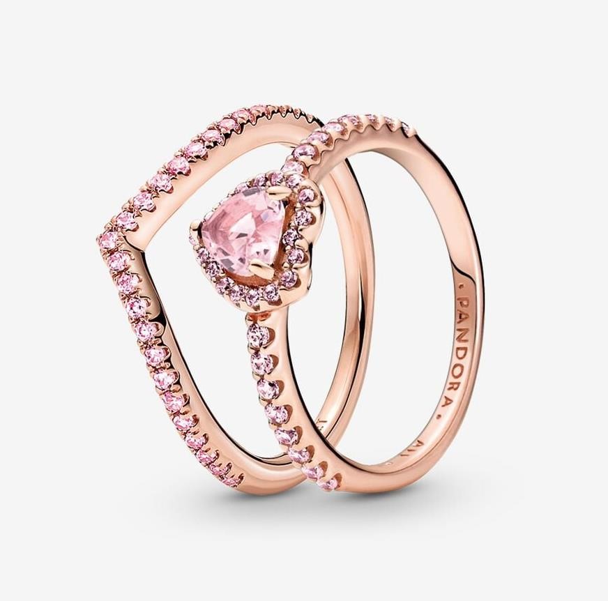 Pandora Sparkling Pink Heart Wishbone Ring Set