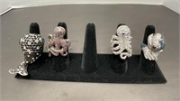 (4) animal rhinestone rings: (2) octopus, (2)