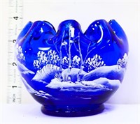Fenton Ruffled Blue Bowl w/Winter Snow Scene