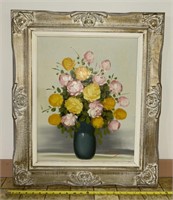 Floral vase oil on board signed. 23x27in