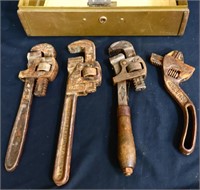 Lot of 4 Vintage Pipe Wrenches In Metal Box